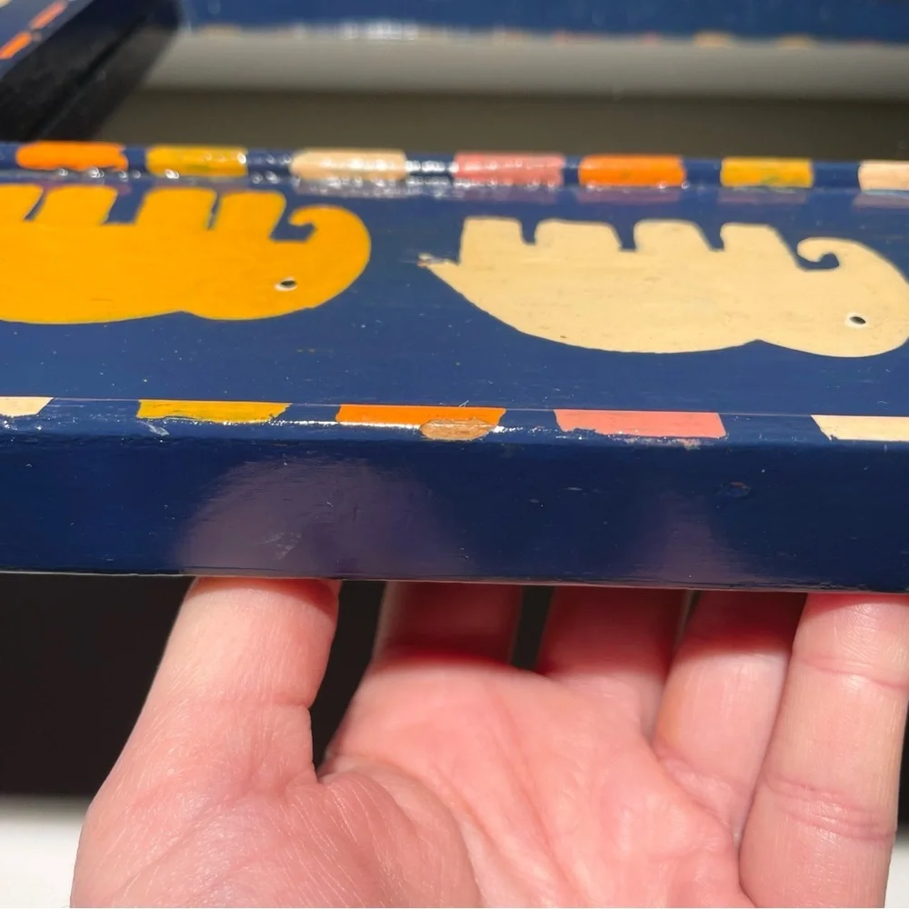 VTG Hand Painted Framed Rectangular Wall Mirror Elephant Motif Blue Orange